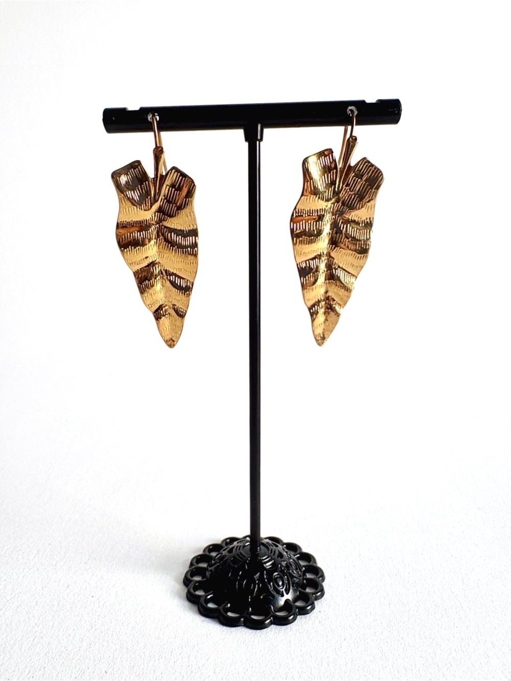 Gold Leaf Texture Drop Earrings Statement Women Jewelry - Picture 1 of 4